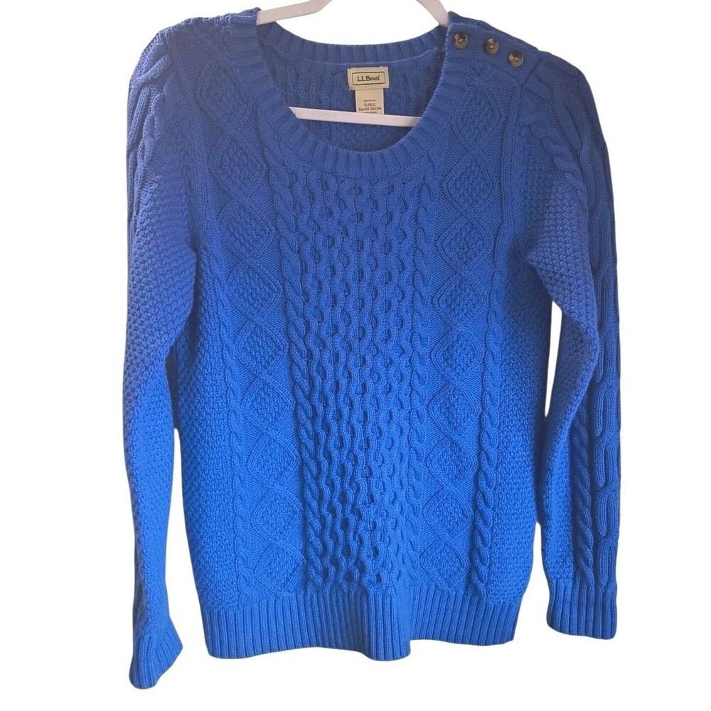 LL Bean Sweater Womens Small Blue Cable Knit Pullover Crew Neck Casual Classic